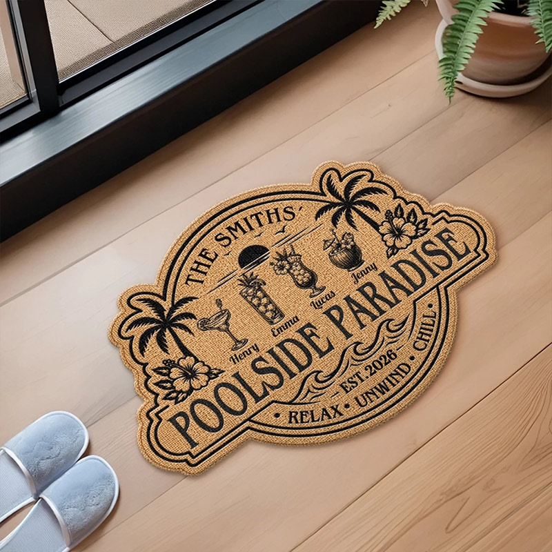 Personalized Poolside Shaped Doormat Cuatom Family Summer Vacation And Travel Gifts For Mom Dad Brother Sister Our Summer Oasis
