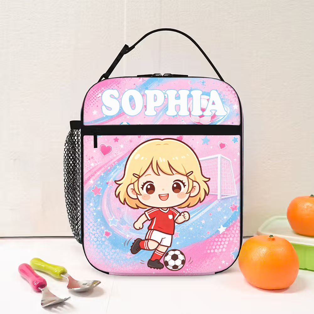 Personalized Soccer Theme 3D Cartoon Character Lunch Bag with Photo and Name Back to School Birthday Gift for Boys Girls