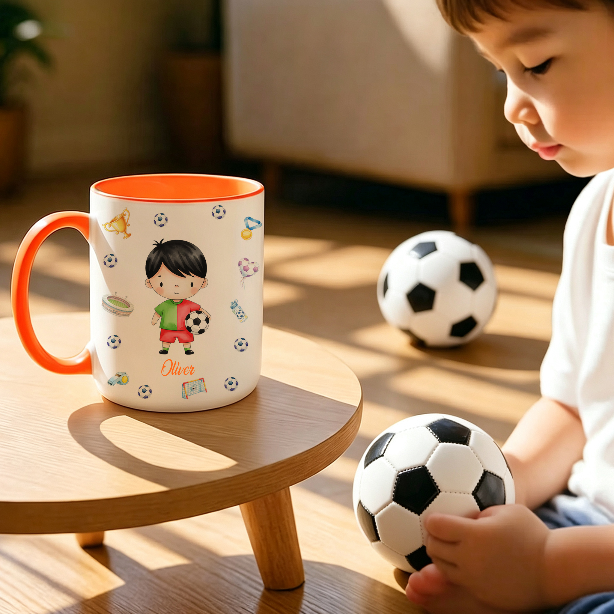 Personalized Cartoon Soccer Character 11 oz and 15oz Ceramic Mug with Name and Initial Back to School Birthday Gift for Kid Soccer Player