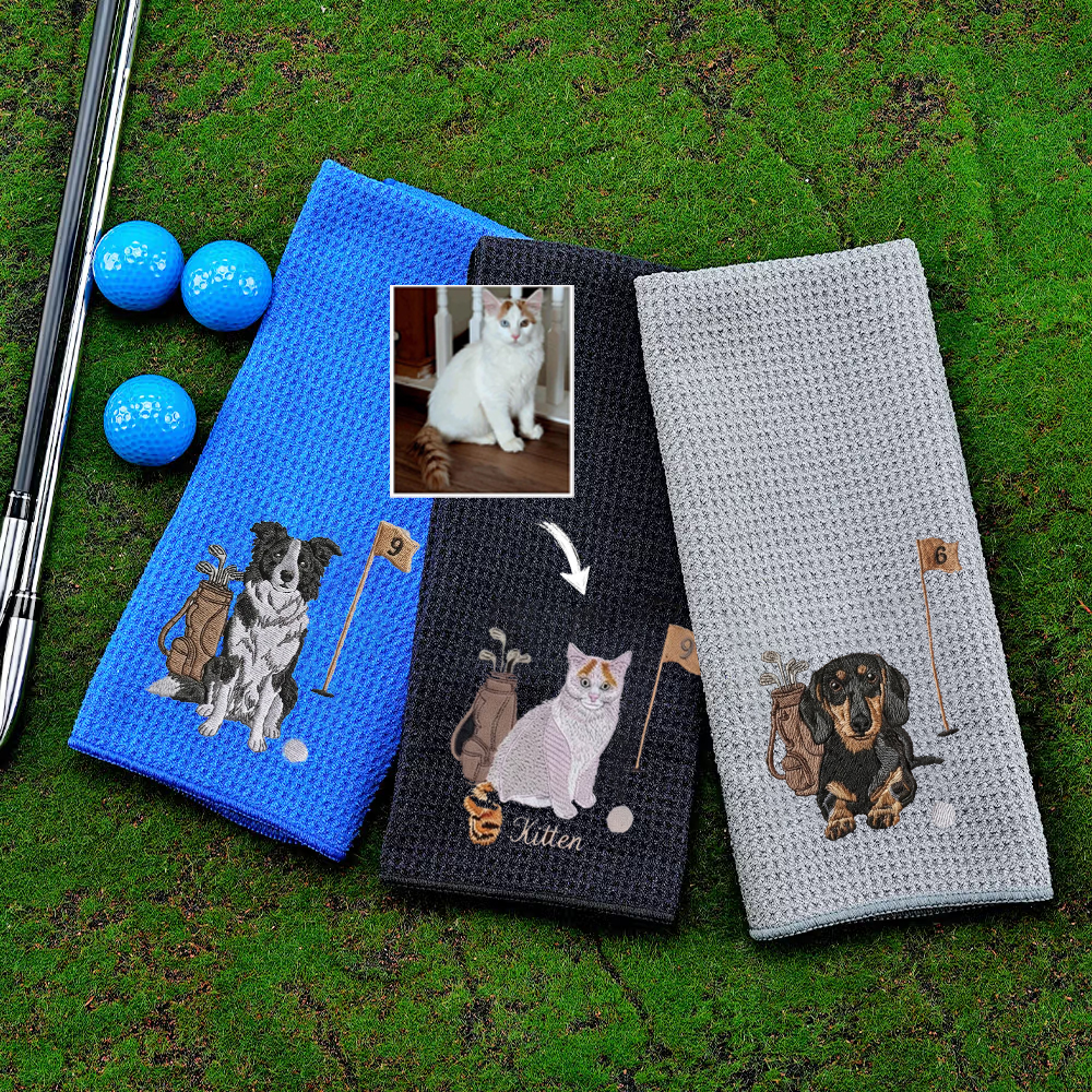 Personalized Pet Golf Towel with Pet Photo Embroidered Pet Portrait Dogs Face Cat Accessories Golf Lover Gift