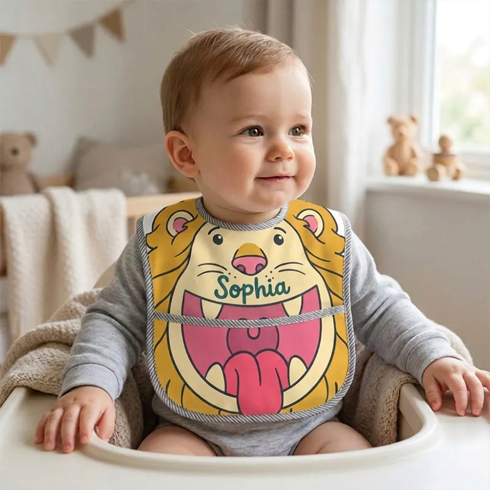 Personalized Lion Bib Name Roaring Hungry Cub Cute Jungle King Baby Boy Girl Mealtime Gift Adjustable Soft