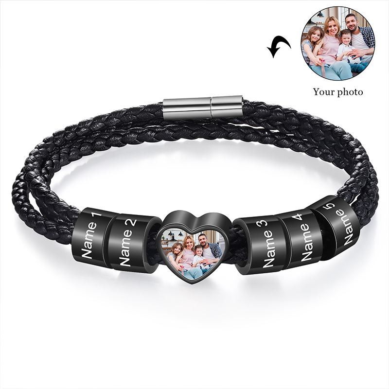 Personalized Leather Bracelet with Family Kids 5 Names and 1 Photo Men's Bracelet for Family