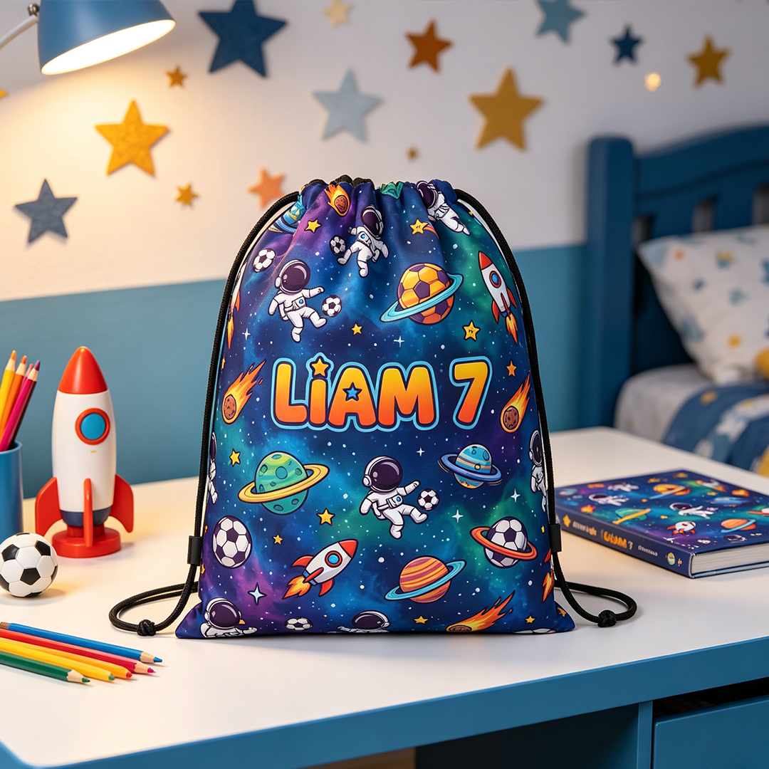 Personalized Kid's Astronaut Soccer Drawstring Backpack with Starry Sky and Space Design Custom with Name and Number Gift for Soccer Lovers