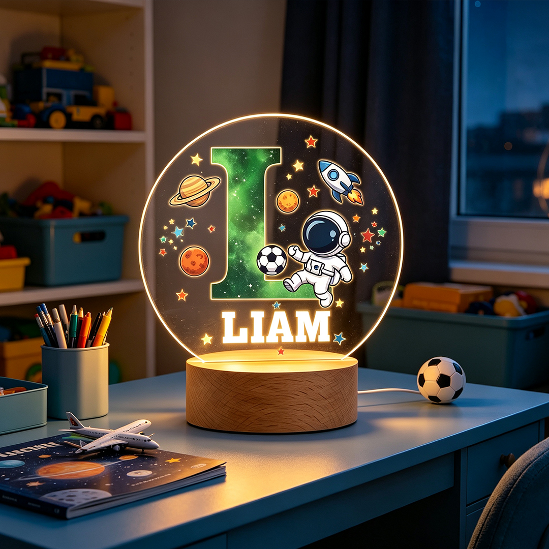 Personalized Kid's Astronaut Night Light Starry Sky Space Soccer Ambience Ligh with Initials Cozy Bedside Lamp Birthday Gift
