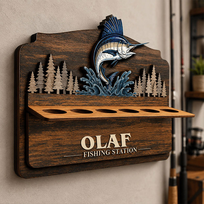 Personalized Reel Cool Dad Fishing Rod Holder Custom Angler Gift for Dad Wooden Fishing Pole Organizer Fisherman Wall Decor Bass Fishing Station Sign