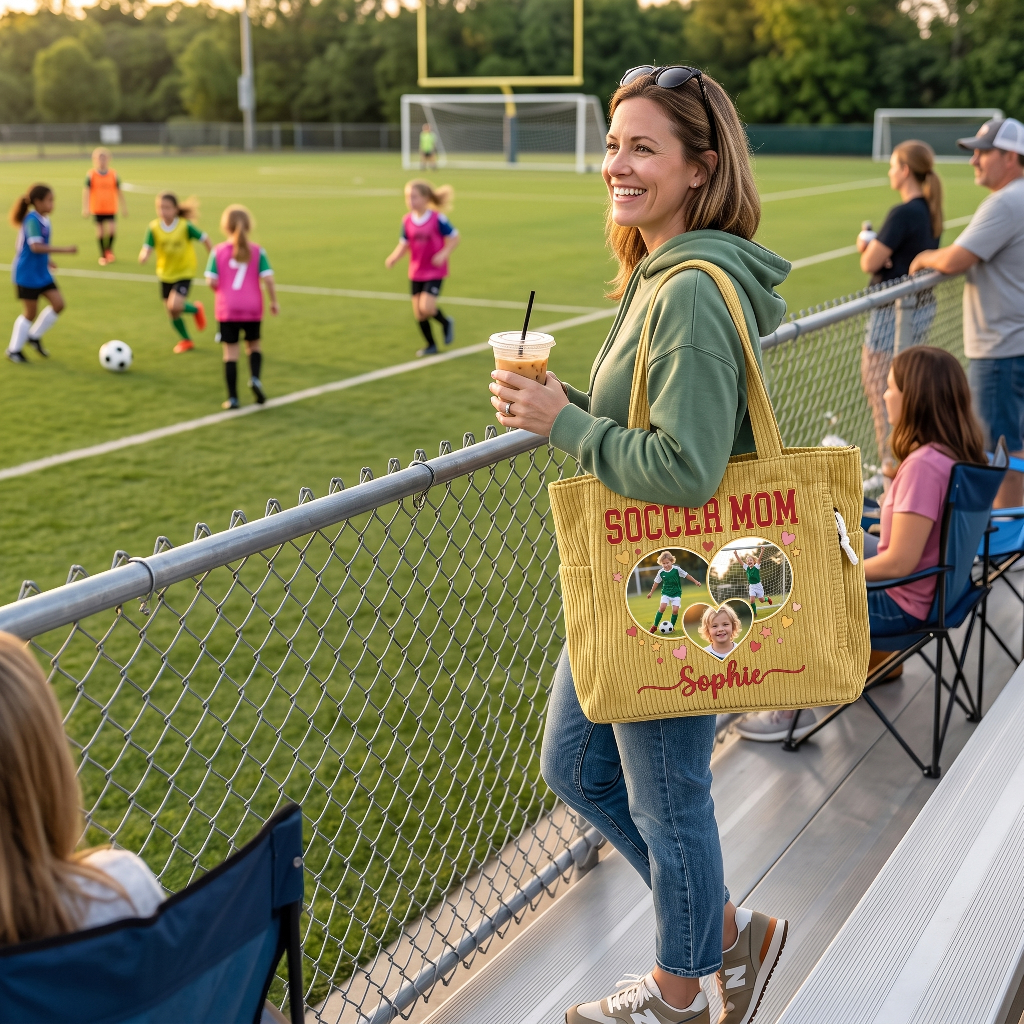 Personalized Corduroy Tote Bag Soccer Mom Handbag Custom with Photos and Name Large Capacity Title Daily Use Shopping Game Day Gift for Mom Grandma