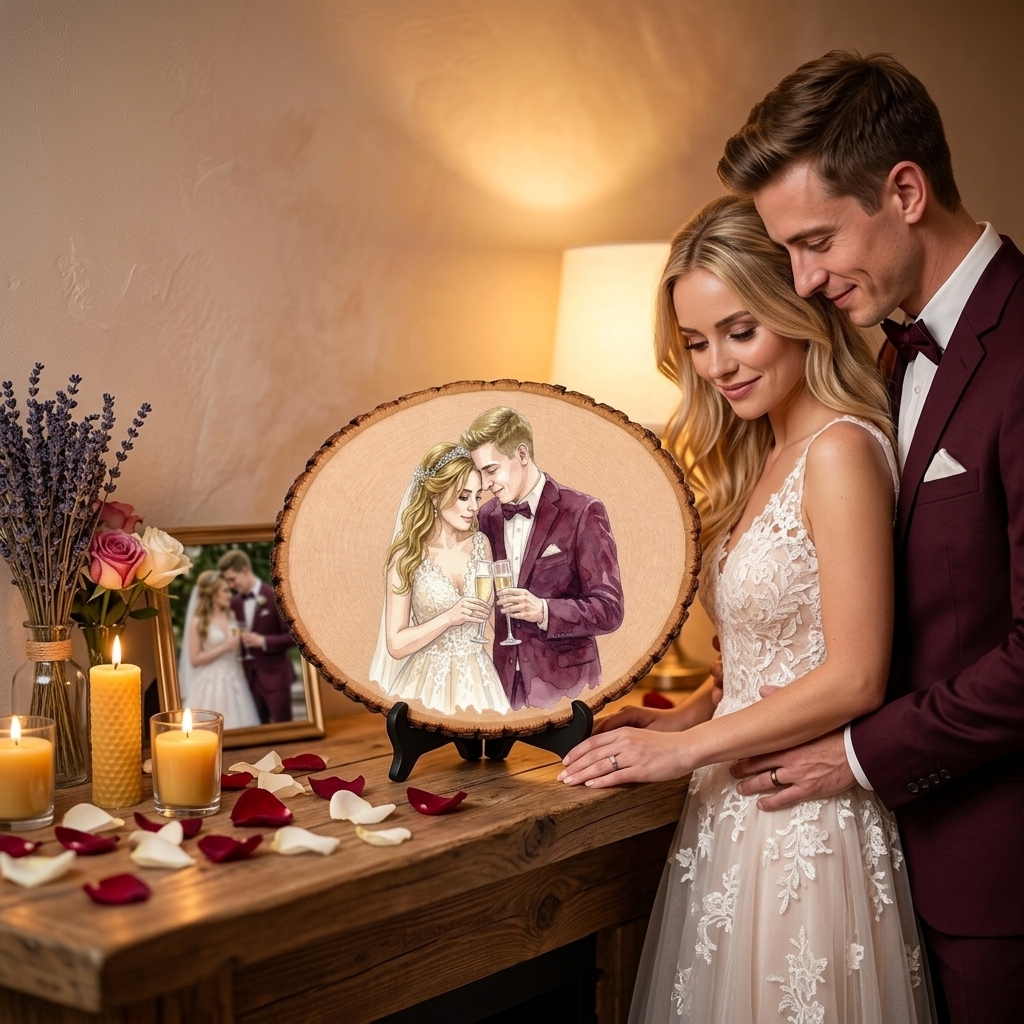 Personalized Photo Engraving Basswood Keepsake Custom Watercolor Photo Art on Wood Slice Engraved Log Slice Gift for Couple Photo Gift for Her Him