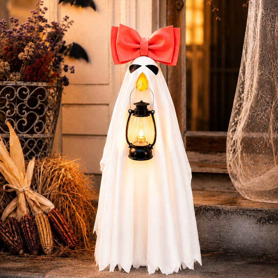 Porch Goose Halloween Costume for 23 Inch Goose White Ghost Cover with Pink Bow and LED Lantern Outdoor Fall Decor Gift