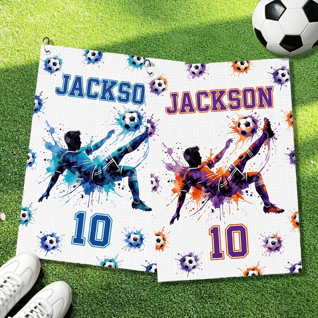 Personalized Sports Towels Watercolor Soccer Silhouette Designs Custom Name and Number Hanging Clip Birthday Team Gift for Soccer Lover
