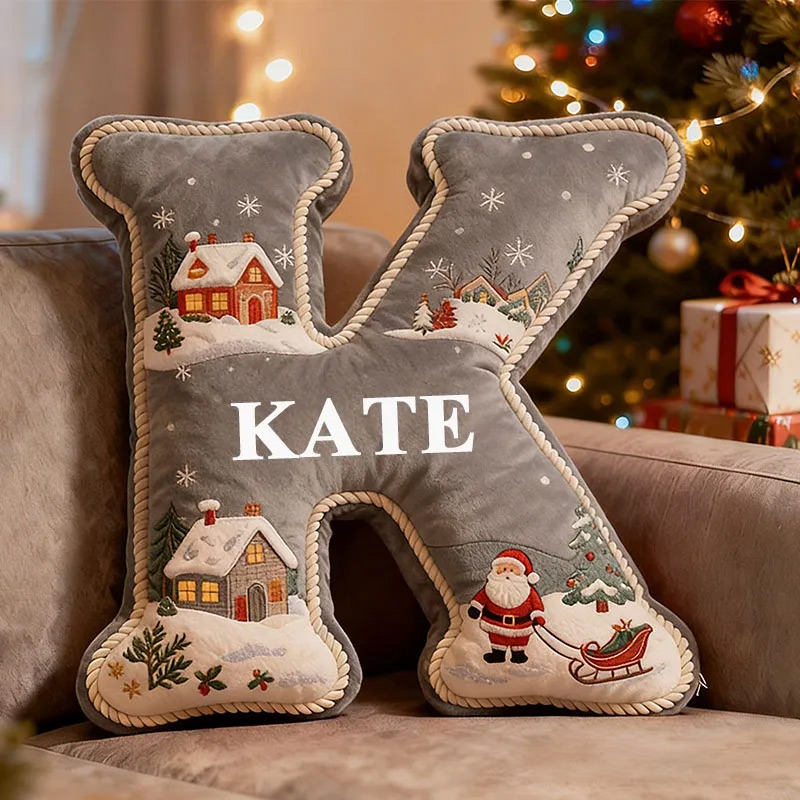 Personalized Gray Christmas Letter Pillow Custom Name Festive Decor with Santa Cabin Snowy Landscape Christmas Gifts for Family Graphic 3D Print