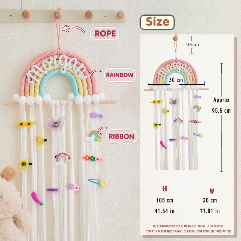 Personalized Name Rainbow Hair Clip Holder Custom Embroidered Girls Room Organizer Birthday Gift
