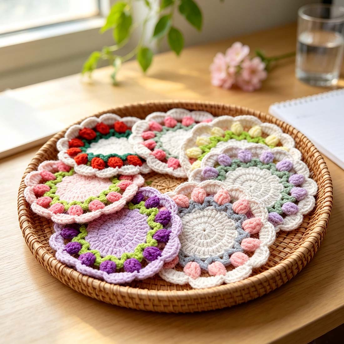 Handmade Tulip Crochet Coasters Elegant Floral Gift for Teacher & Women