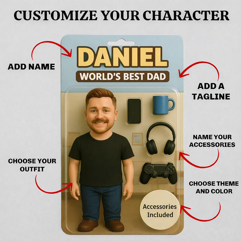 Personalized Funny Dad Action Figure Custom Toy Box Gift Digital Portrait Art Words Best Dad Acrylic Block Birthday Gift for Dad