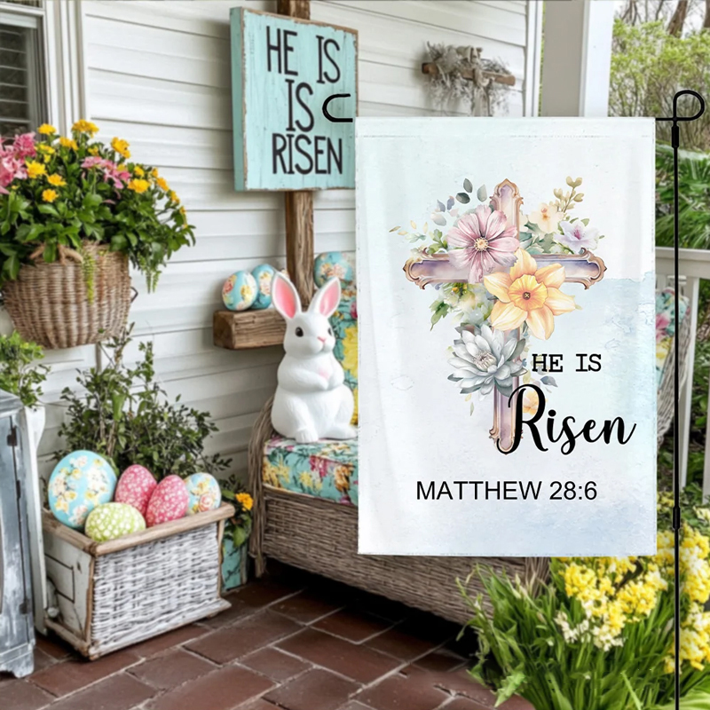 Personalized He is Risen Watercolor Cross 1-5 Birth Flowers Garden Flag with Text Yard Porch Decor Easter Holiday Religious Gift for Family Christian