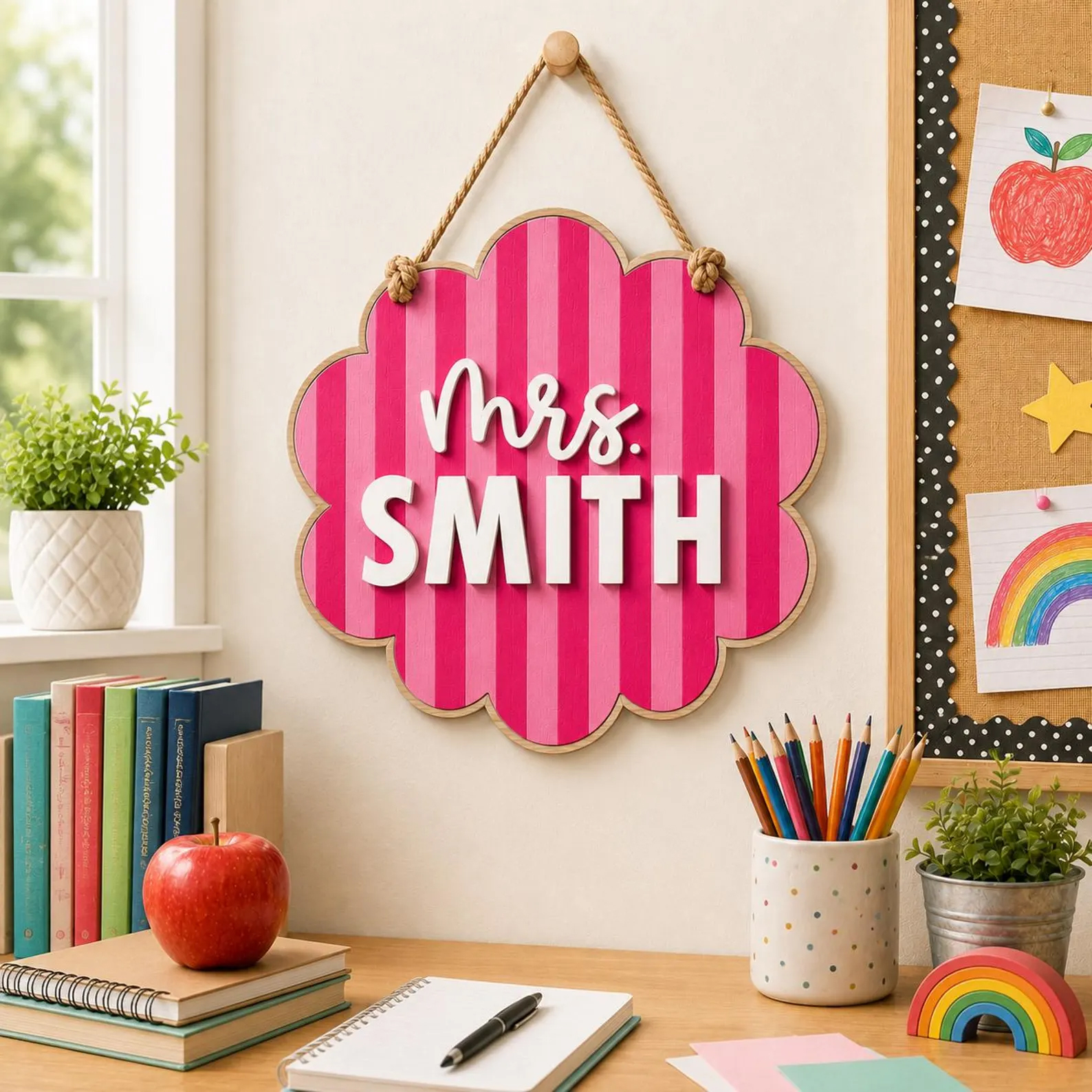 Personalized Teacher Door Sign Scalloped Striped Wooden Name Plaque Custom Classroom Decor Back to School Teacher Gift