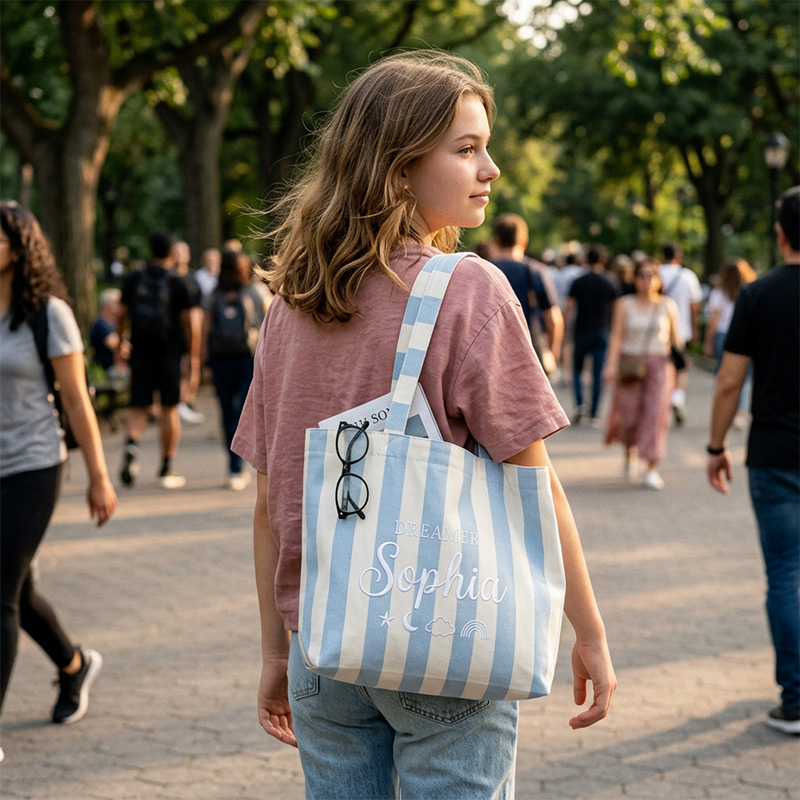 Personalized Dreamer Themed Pastel Stripe Design Canvas Tote Bag With Name Moon Star Cloud Rainbow Motifs Design 