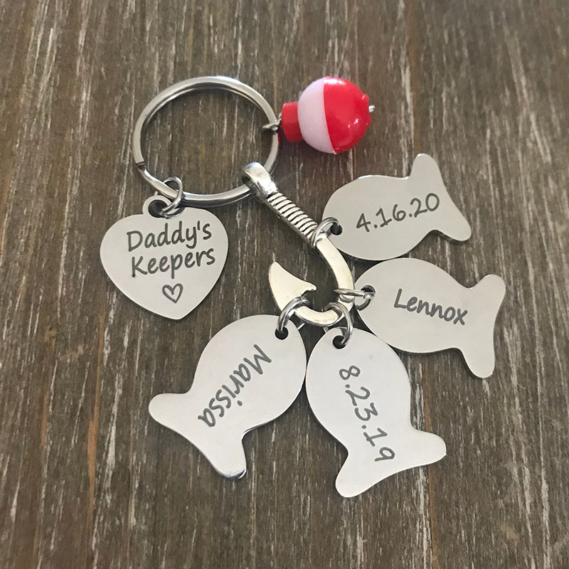 Personalized Fishing Keychain with Kids Names for Dad Grandpa Custom Engraved Fish Hook Fishing Lover Gifts for Him