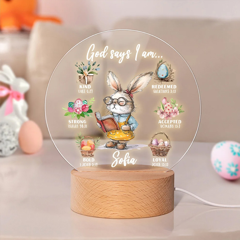 Personalized Bunny Career God Says I Am Name LED Night Light with Wooden Base Nursery Decor Birthday Easter Gift for Christian