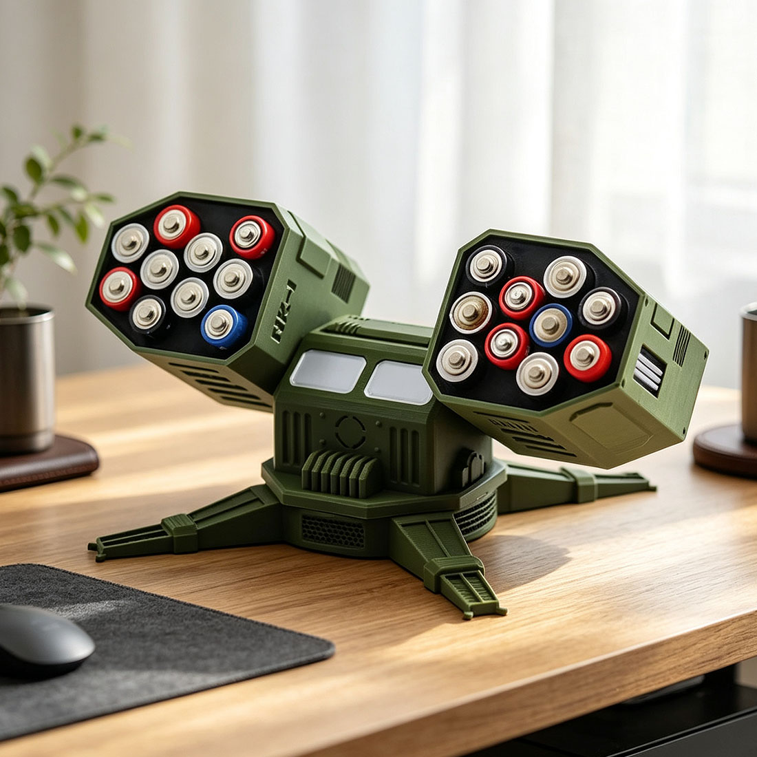 Battlefield Mech Launcher Battery Holder 3D Printed Rotatable Desk Organizer Unique Gift for Gamers & Tech Lovers