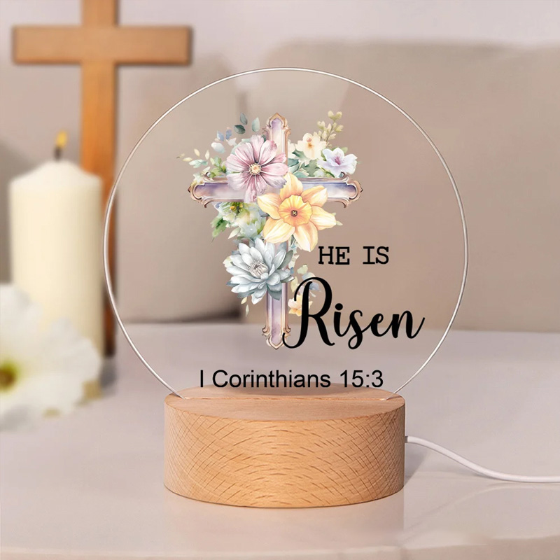 Personalized He Is Risen Cross 1-5 Birth Flowers LED Night Light with Text and Wooden Base Home Decor Easter Gift for Christian