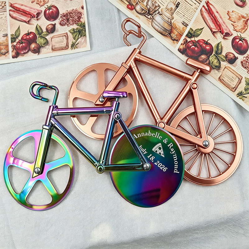 Personalized Bicycle Pizza Cutter Custom Engraved Dual Wheel Rose Gold Holographic Wedding Groomsmen Gift for Him Chef Couple Anniversary Gift