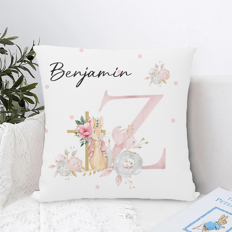 Personalized Cute Rabbit Floral Cross Initial Throw Pillow with Name Home Decor Christian Baptism Gift Birthday Gift for Kids Easter Gift