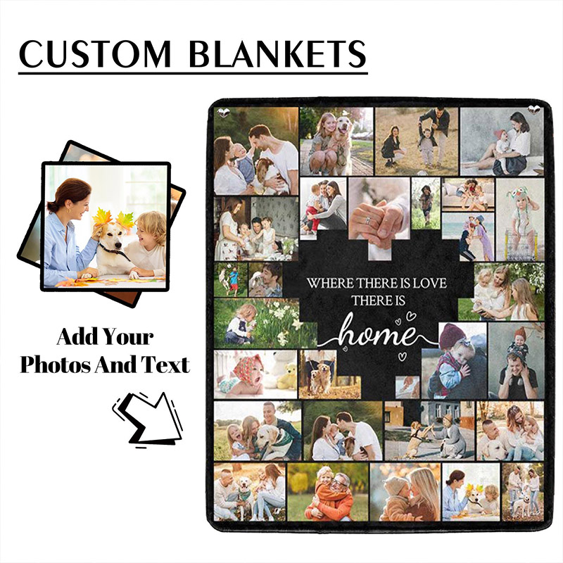 Personalized Photo Collage Flannel Blanket Custom Family Keepsake Beige Heart More than 20 Pictures
