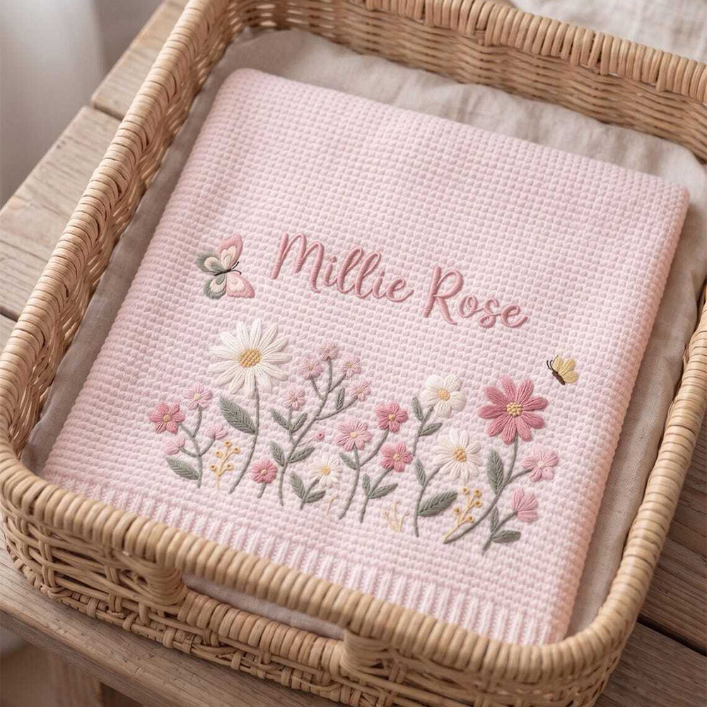 Personalized Floral Embroidered Baby Blanket Custom Name Knitted Throw Welcome Baby Blanket Nursery Keepsake