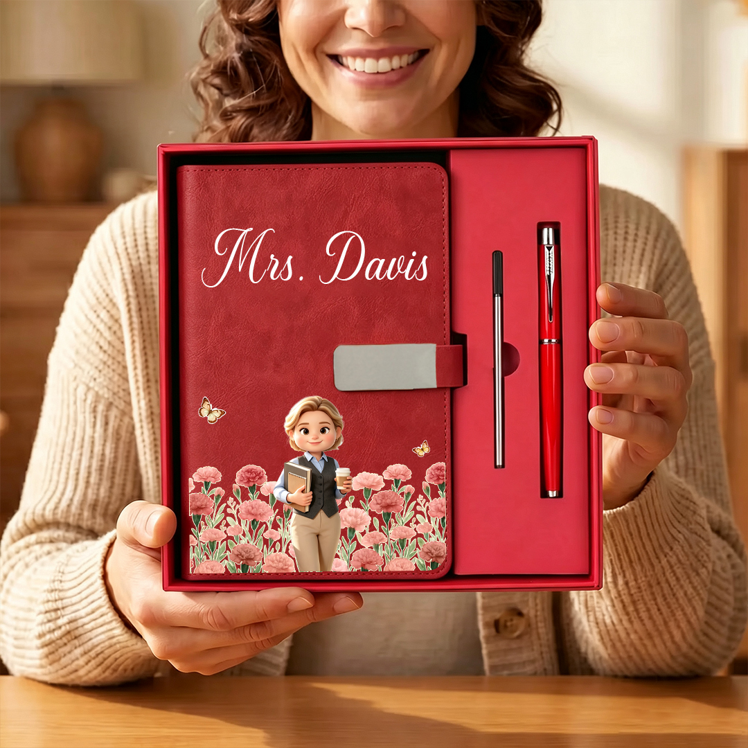 Personalized Birth Flower Cartoon Character PU Leather A5 Notebook Set with Surname Back to School Teacher's Day Appreciation Gift for Teachers
