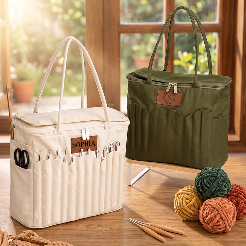 Personalized Monogram Large Canvas Yarn Storage Bag with Needle Pockets and Handle Crochet Knitting Accessories Birthday Gift for Craft Lovers