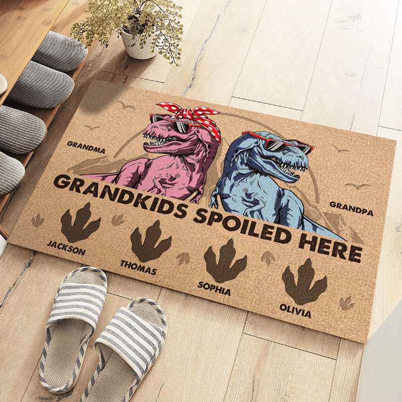Personalized Grandkids Spoiled Here Doormat with Names Custom Home Decor Decorative Mat Gift for Grandpa Grandma