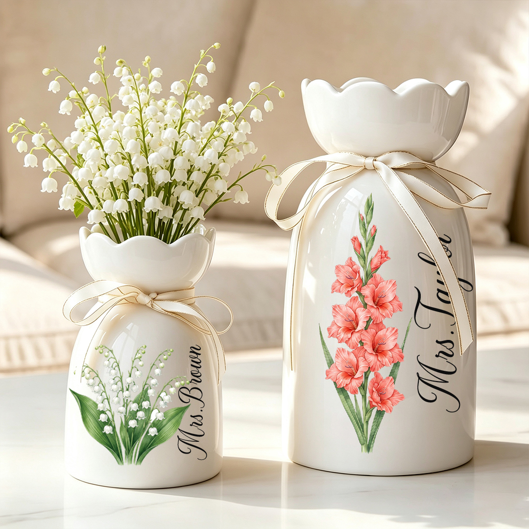 Personalized Watercolor Birth Flower Ceramic Vase with Name Back to Schol Gift for Teacher Gift for Her