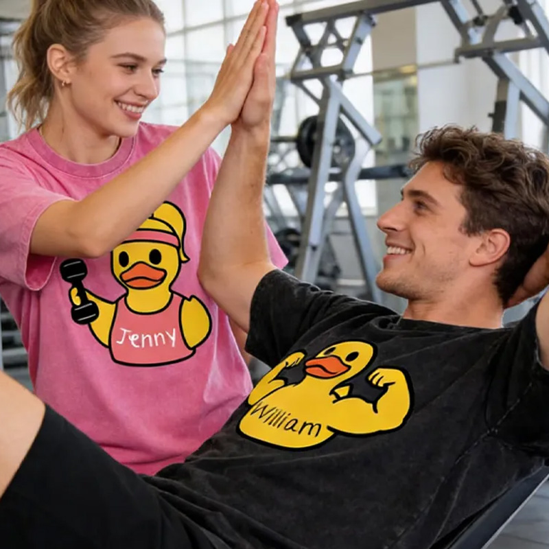 Personalized Washed T-Shirts Fitness Couple Funny Muscle Arm Duck with Name T-Shirt for Gym Lovers