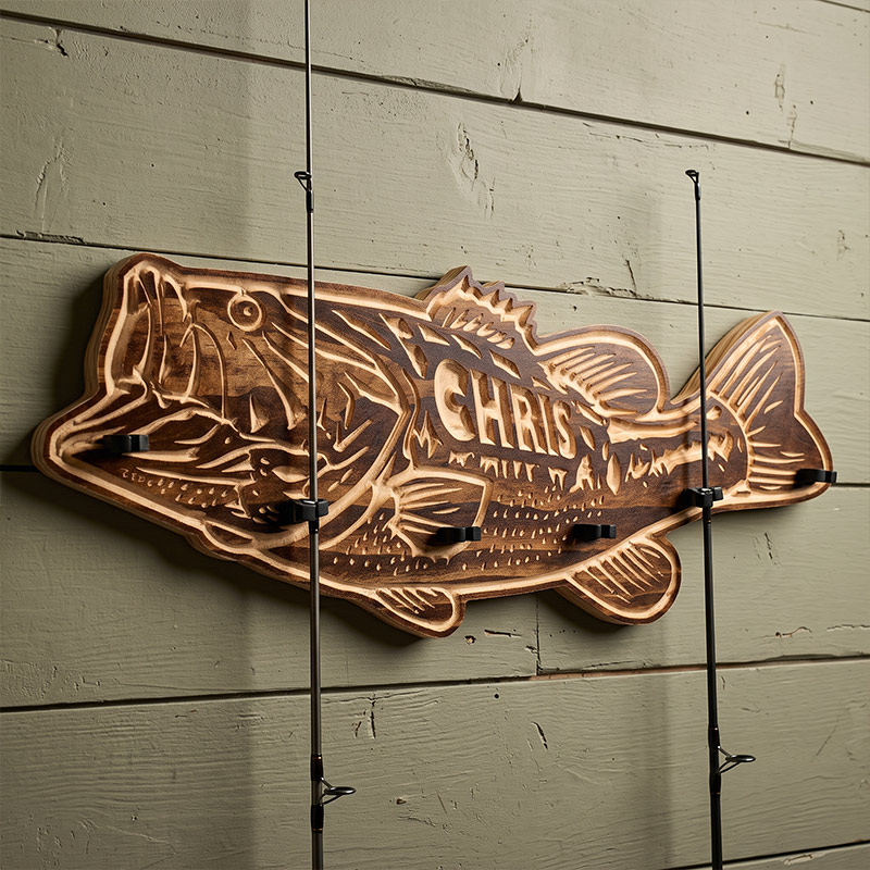 Personalized Bass Fishing Rod Holder for Dad Engraved Solid Wood Wall Mount Organizer with Name Birthday Gift for Dad Grandpa Fishing Lovers