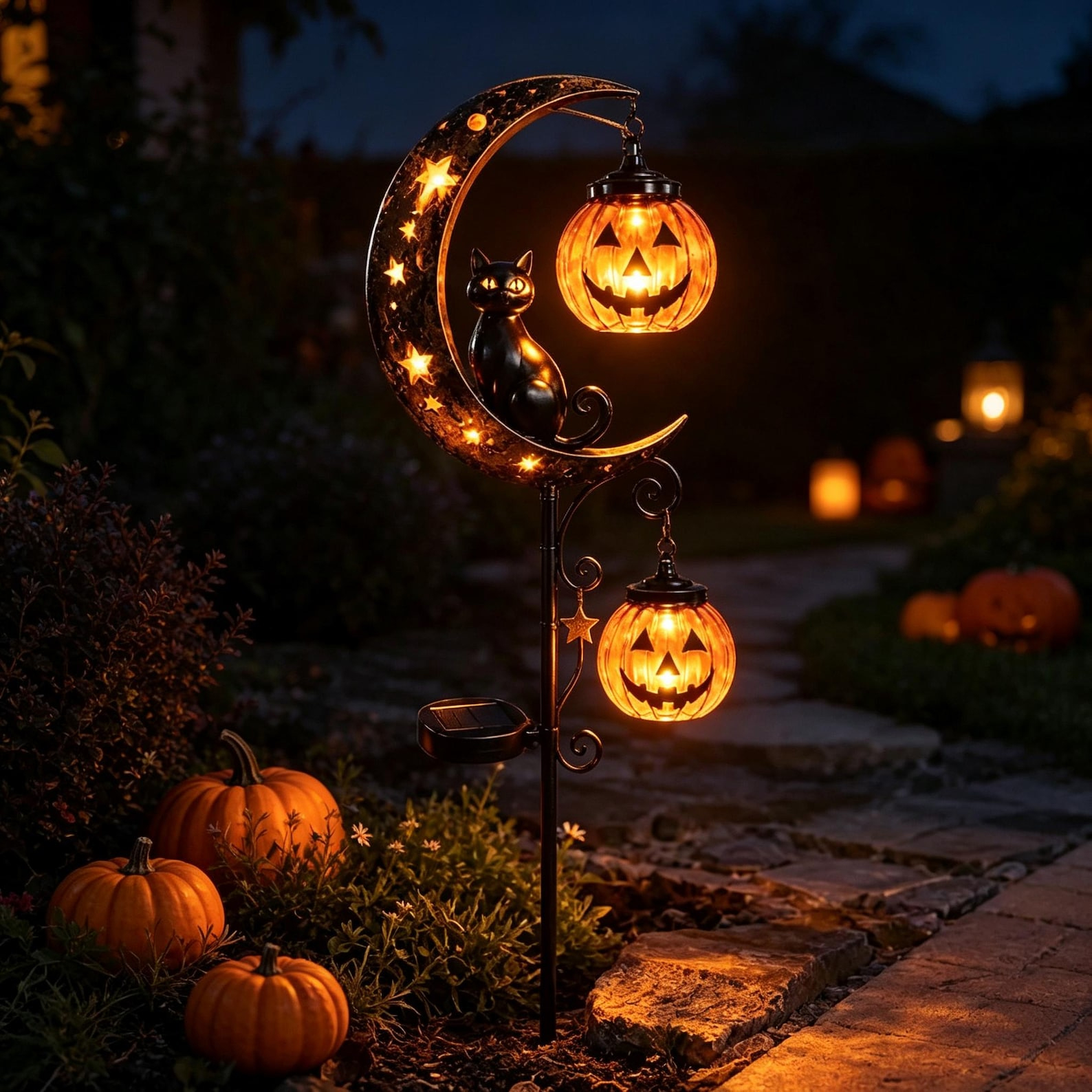 Halloween Black Cat Moon Solar Stake Light Pumpkin Lantern Outdoor Decor