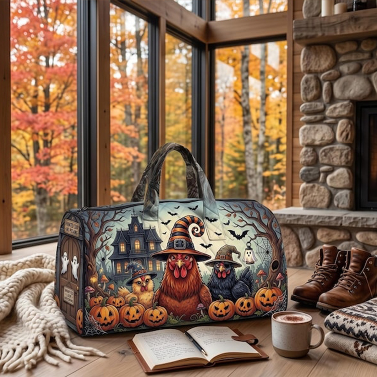 Quilted Halloween Chicken Travel Duffel Bag Witch Farm Overnight Tote