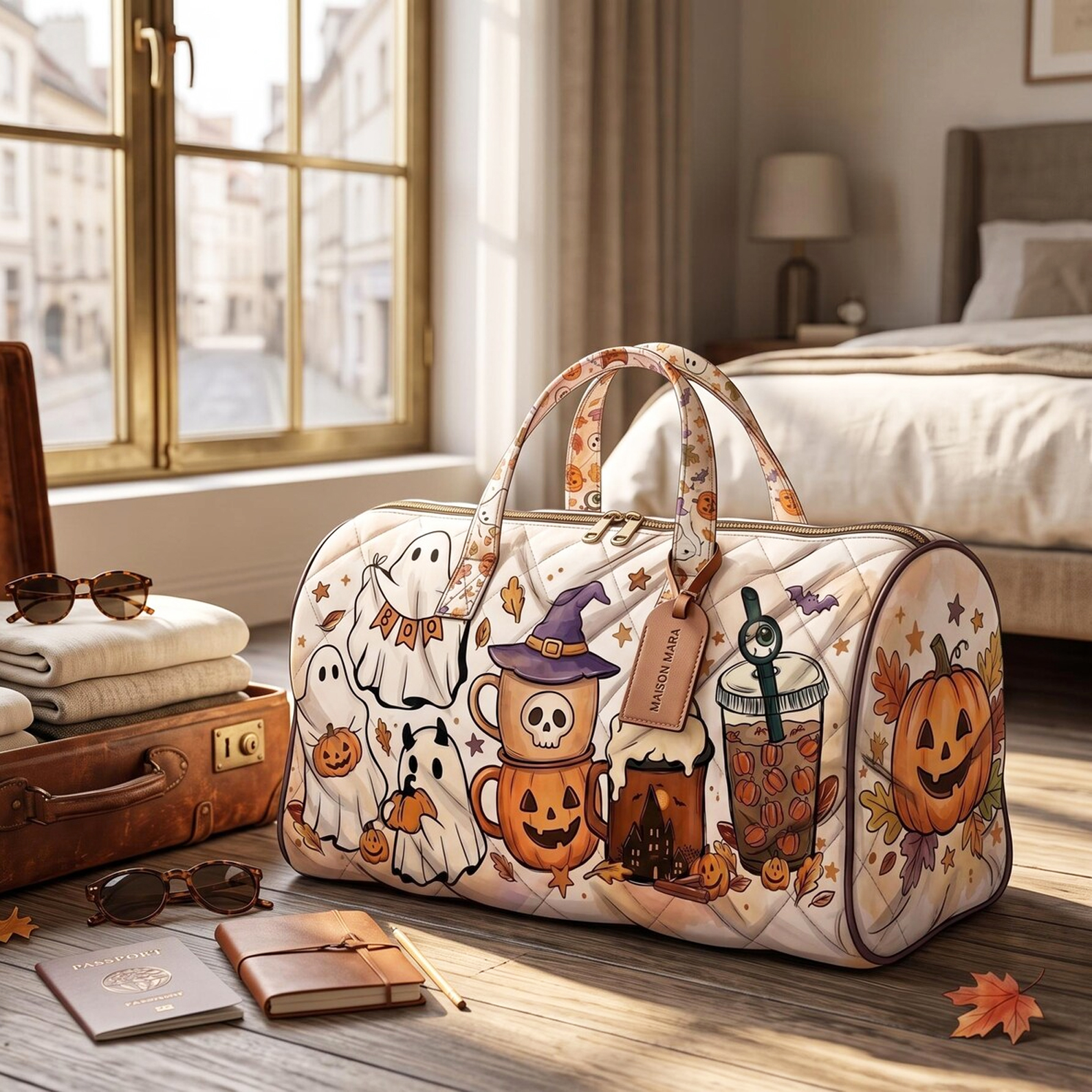 Spooky Halloween Coffee Travel Duffel Bag Ghost Pumpkin Autumn Getaway Tote