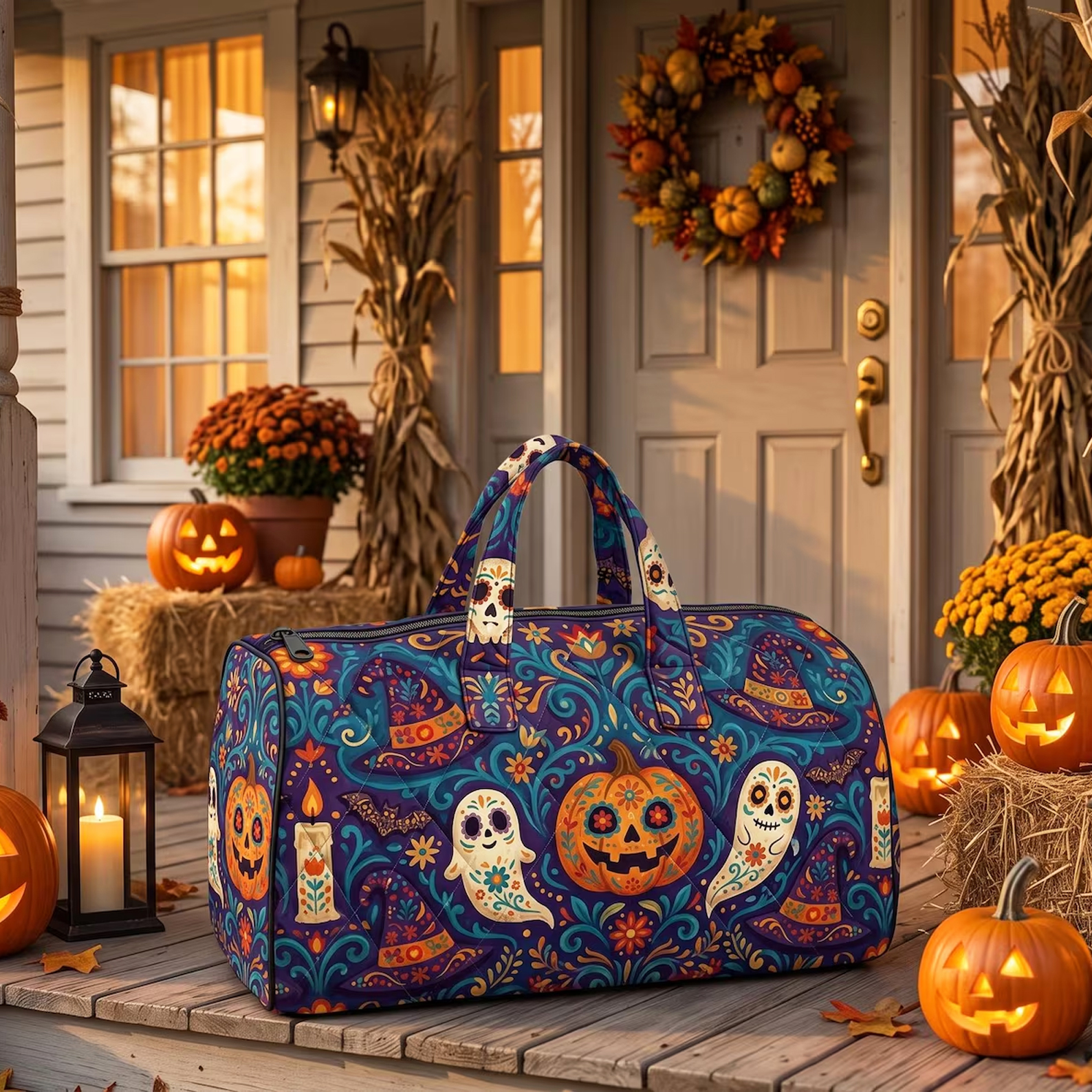 Halloween Quilted Sugar Skull Weekend Bag Folk Art Halloween Travel Tote