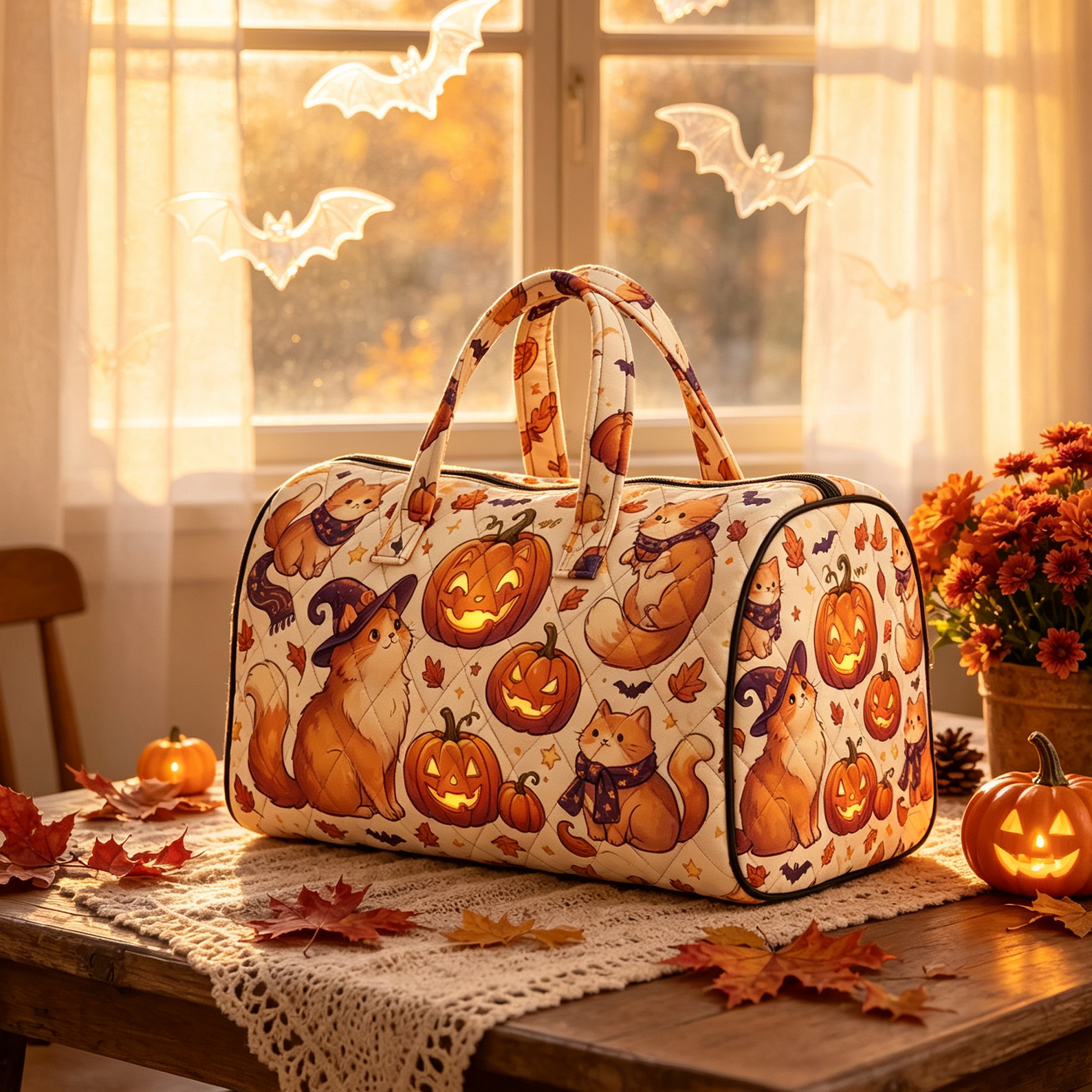 Quilted Witch Cat Pumpkin Duffel Bag Whimsical Autumn Travel Tote
