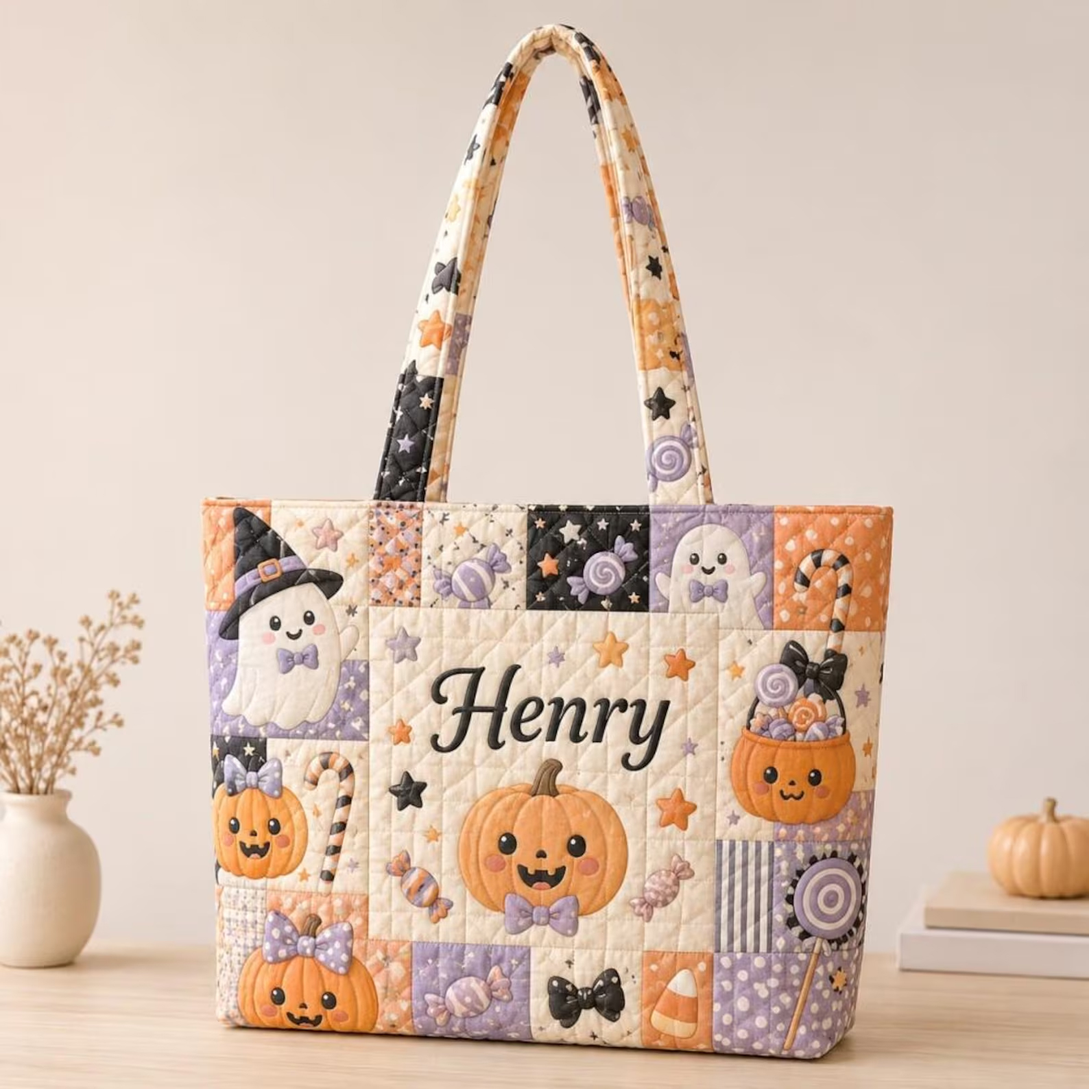 Personalized Name Trick or Treat Quilted Bag Spooky Moon Quilted Tote Cute Candy Shoulder Bag Halloween Gift