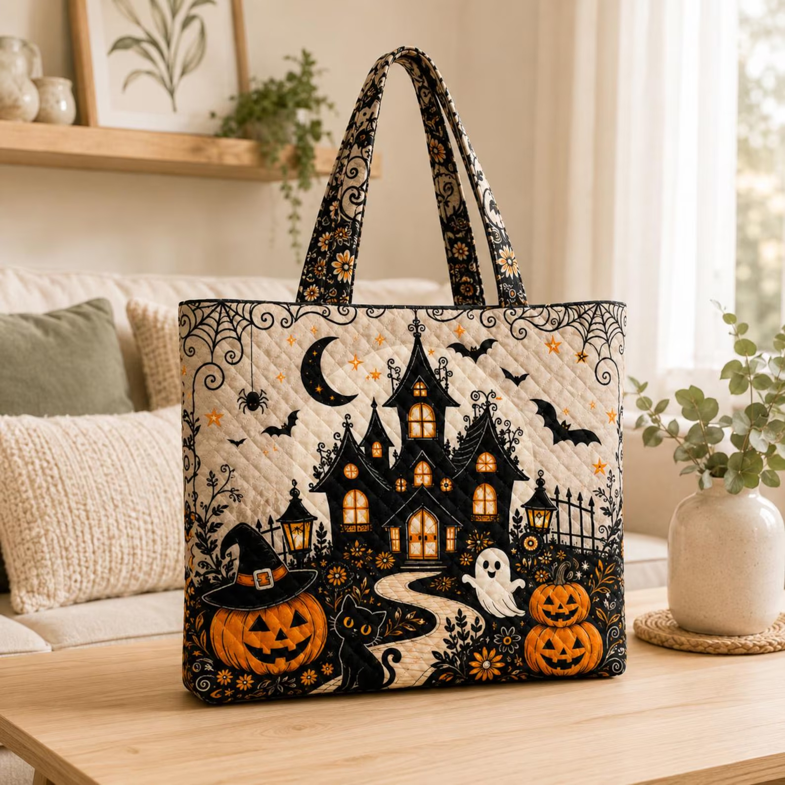 Halloween Tote Bag for Women Haunted House Quilted Tote Pumpkin Ghost Black Cat Bag Spooky Season Gift