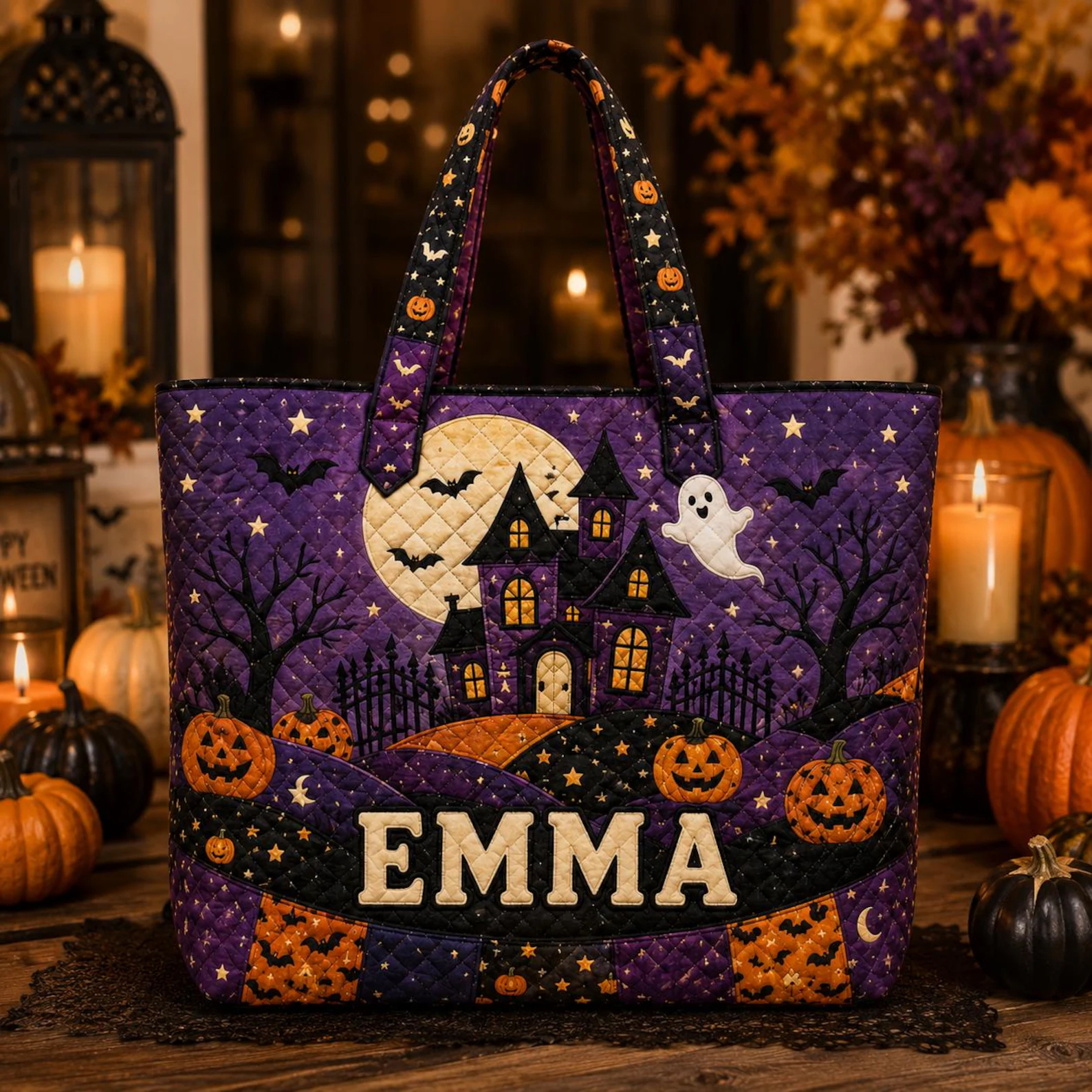 Personalized Halloween Quilt Printed Tote Bag Custom Name Spooky Pumpkin Tote Halloween Gift for Women Bag