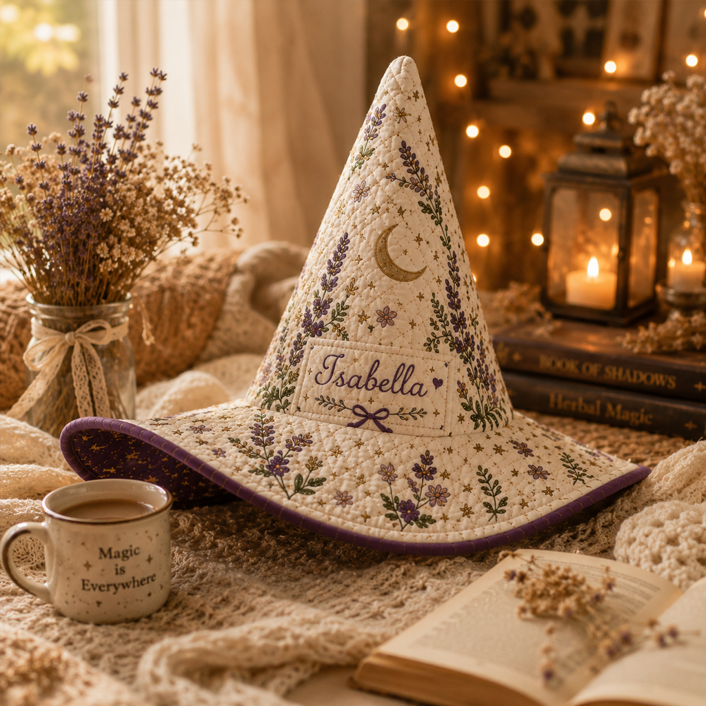 Personalized Quilted Witch Hat for Women Custom Name Lavender Floral Cottagecore Halloween Witch Hat