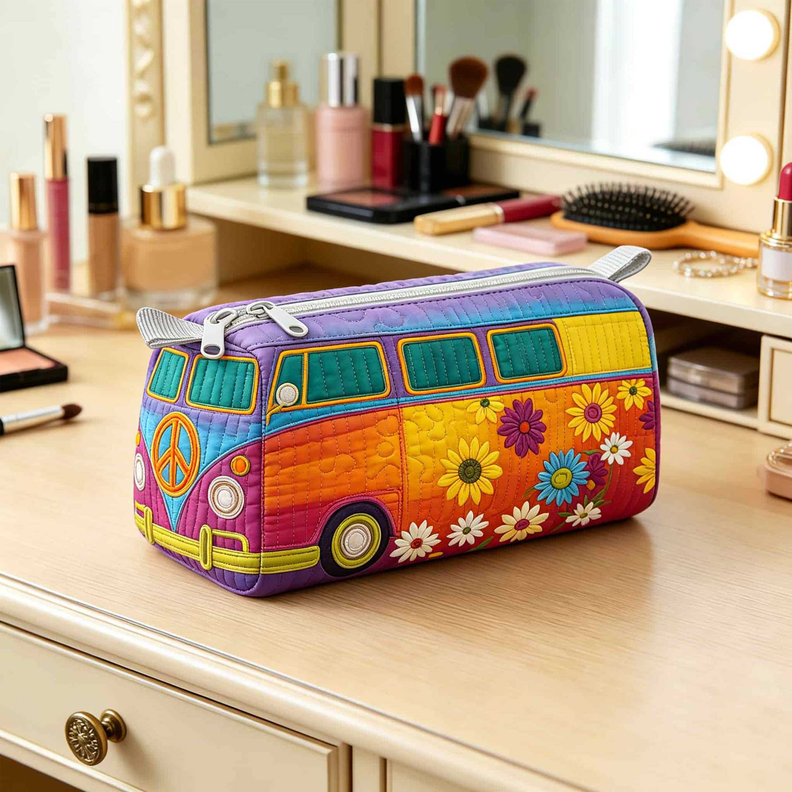 Flower Cart Bus Storage Bag Quilted Makeup Bag Suitable for Makeup Brushes Gift for Her