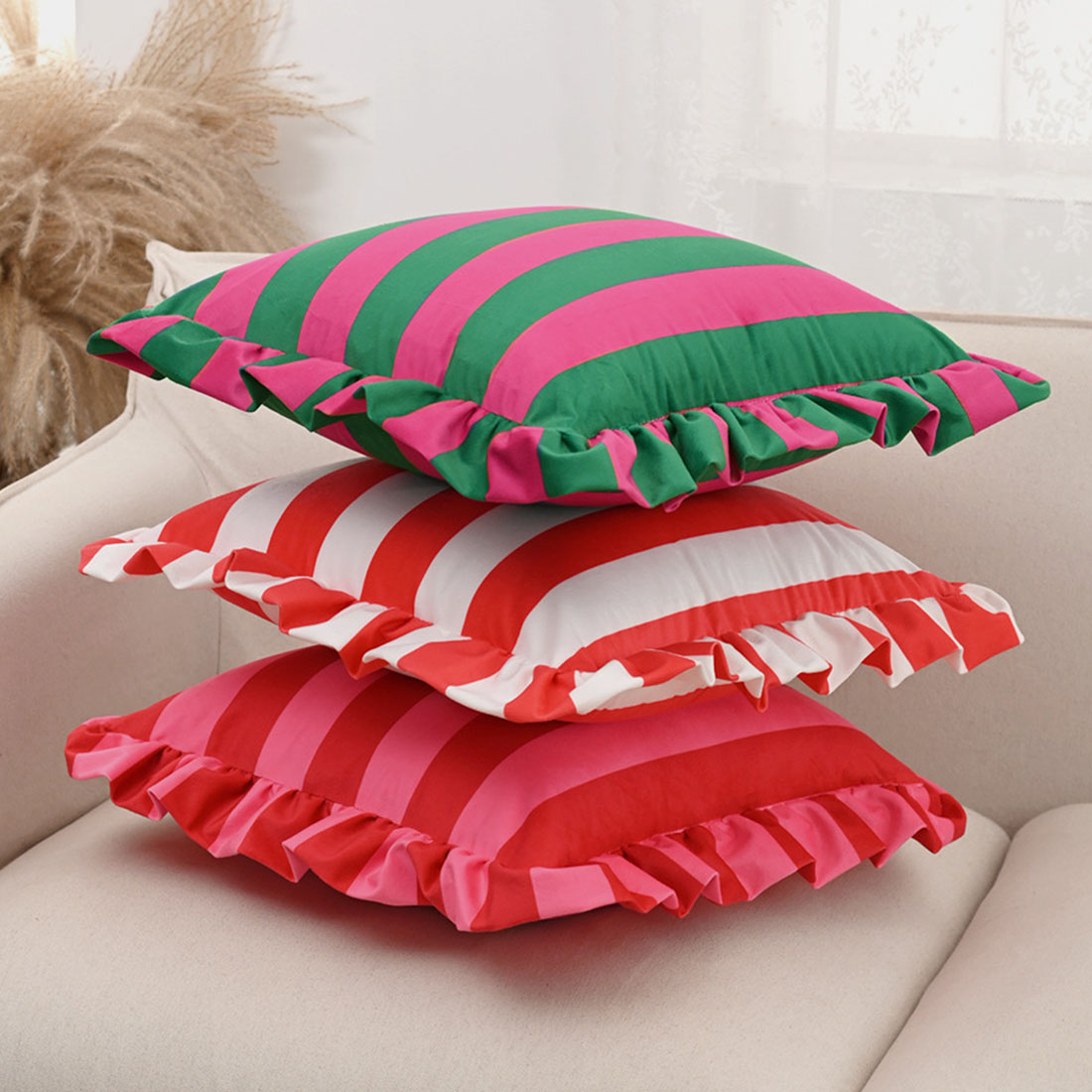 Personalized Striped Ruffled Punch Needle Throw Pillow Embroidered Name Mahjong Lovers Gift