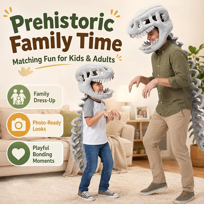 3D Dinosaur Skeleton Plush Hat with Long Spine Tail, Funny Giant Dino Bone Headwear, Halloween Cosplay Costume Novelty Photo Prop Party Dress-up Accessory