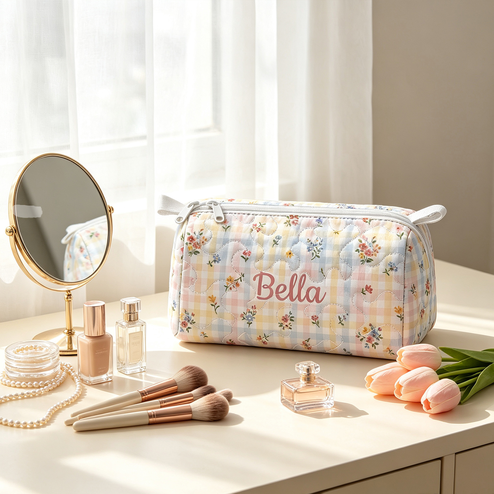 Personalized Quilted Makeup Bag Floral with Custom Name Gift for Her