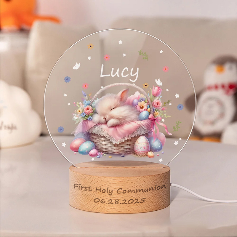 Personalized Cute Sleeping Bunny in a Basket LED Night Light with Wooden Base and Name Date Nursery Decor First Holy Communion Easter Gift for Kid
