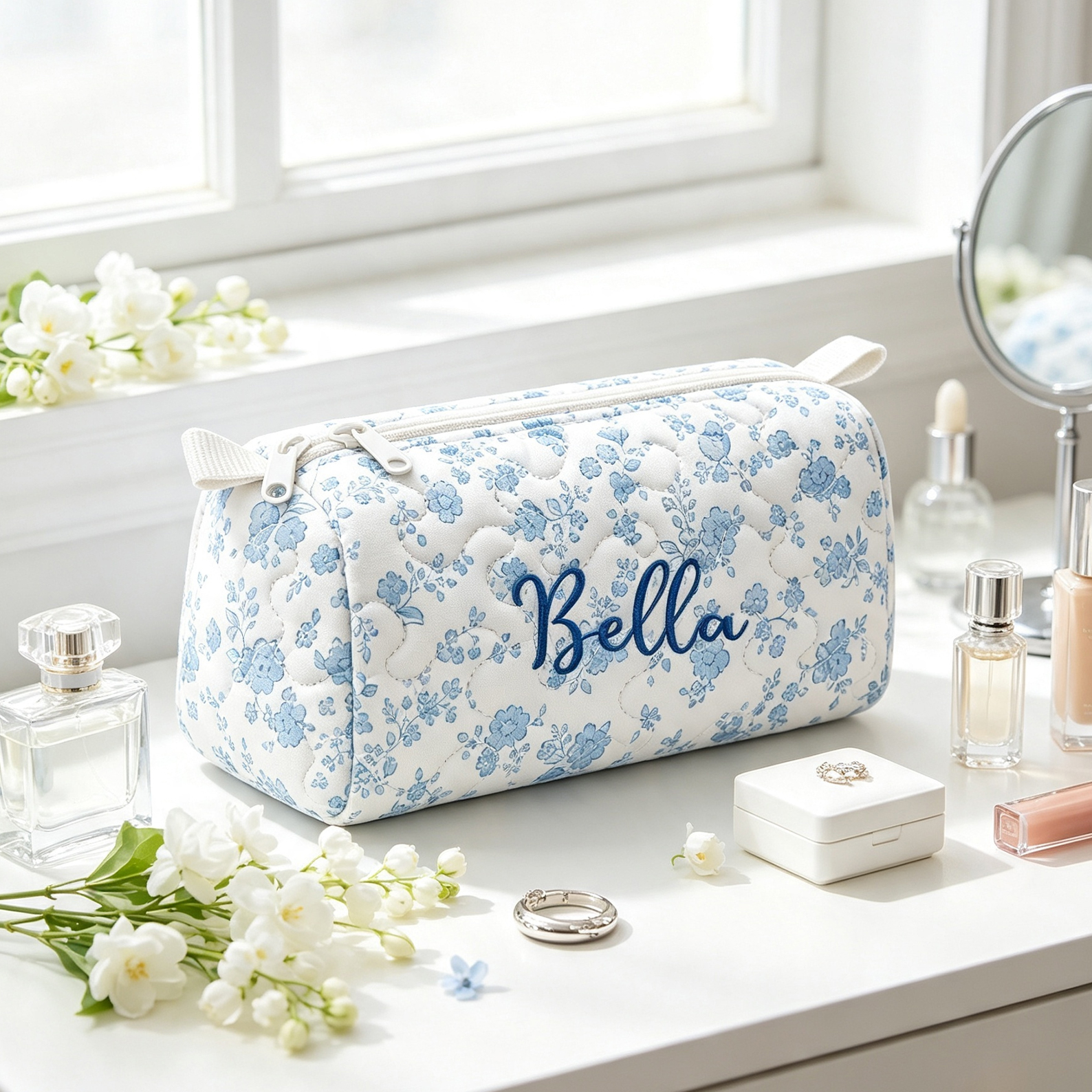 Personalized Quilted  Makeup Bag Custom Name Cosmetic Bag Quilted Toiletry Pouch Gift for Her