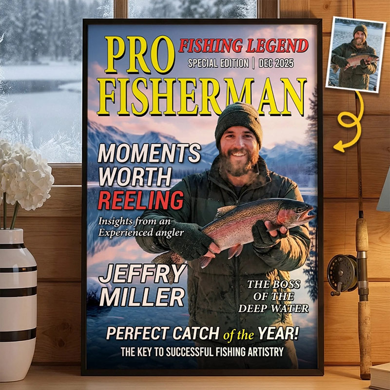 Personalized Photo Magazine Vertical Poster for Dad Grandpa Custom Canvas Photo Poster Birthday Fishing Gifts For Fisherman